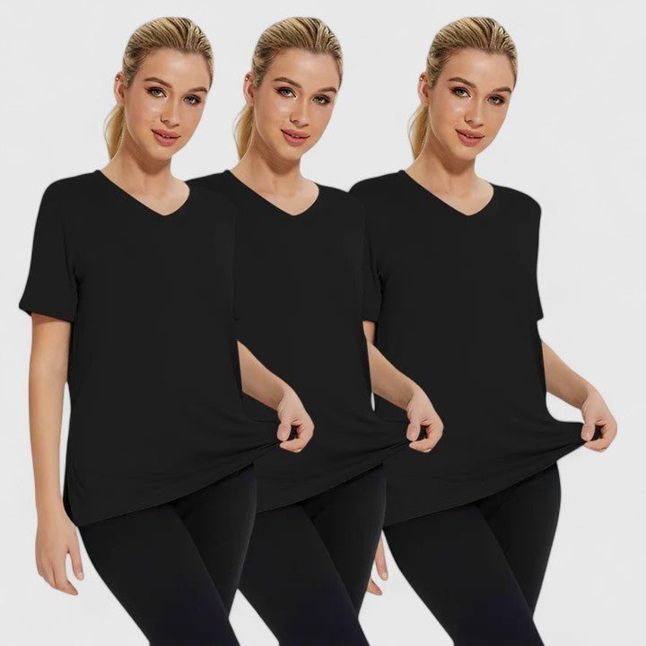 Set of three Emma & Rose Cape Town Samantha Essential Tees in black, grey, and pink, featuring simple crew neck designs.
