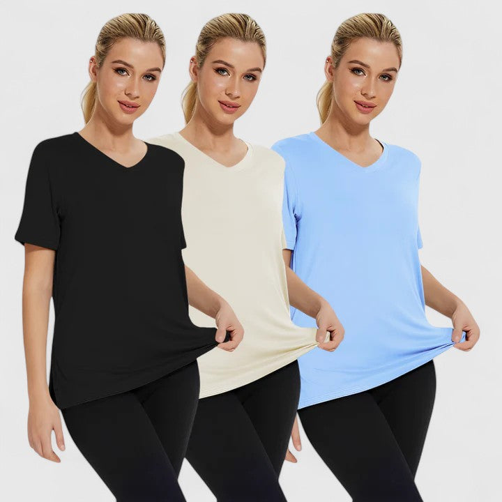 Three Emma & Rose Cape Town Samantha Essential Tees in black, grey, and pink, displayed in a 3-pack.