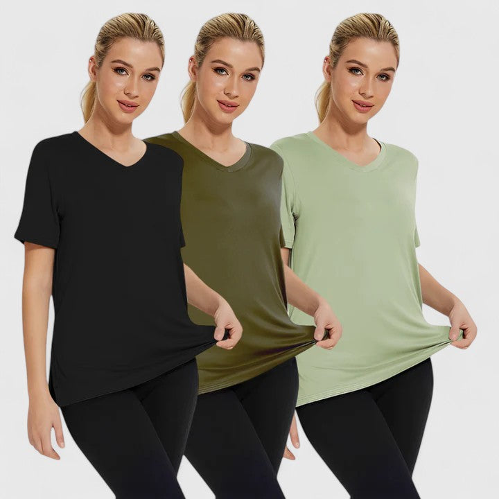 Set of three Emma & Rose Cape Town Samantha Essential Tees in black, grey, and pink, short-sleeve casual T-shirts for women.