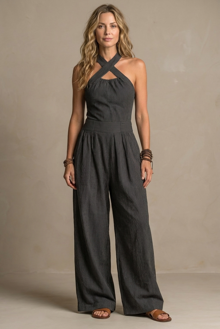 Black Ariana jumpsuit with crossed neckline by Emma & Rose Cape Town, featuring elegant, fitted design and stylish details.