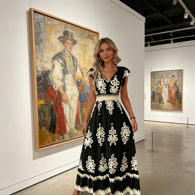 Candela - Baroque Maxi Dress with V-Neck