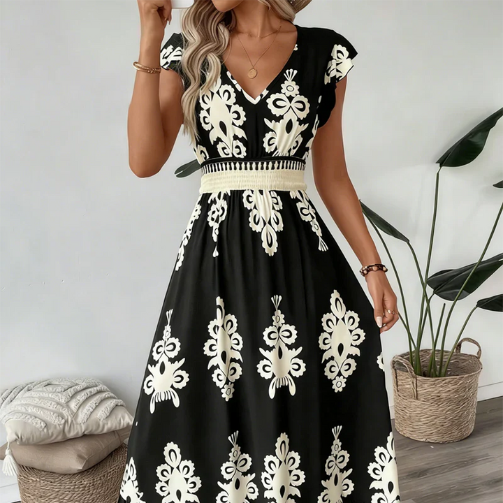 Candela - Baroque Maxi Dress with V-Neck