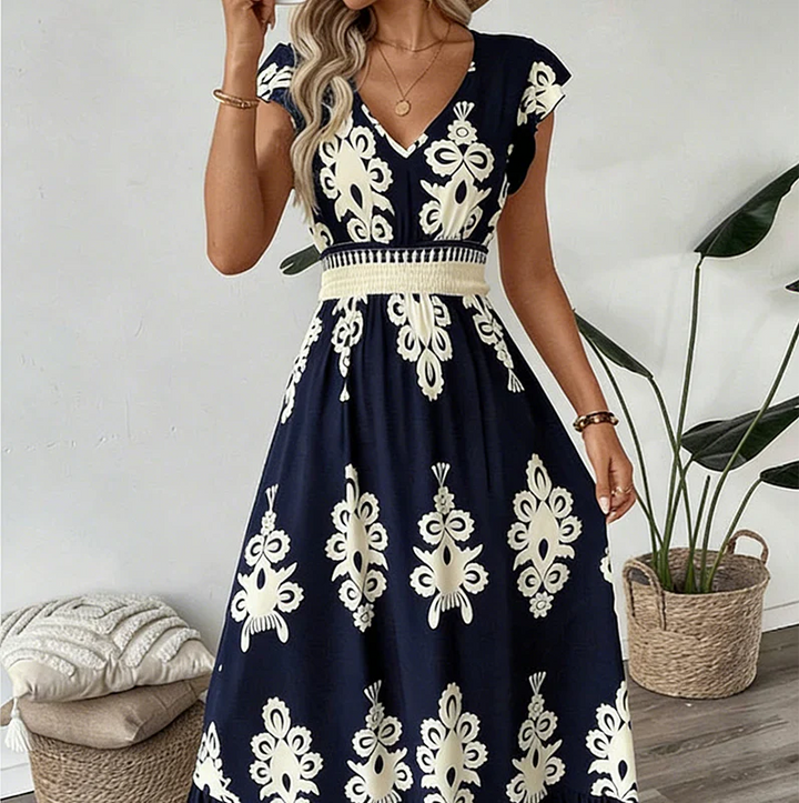 Candela - Baroque Maxi Dress with V-Neck