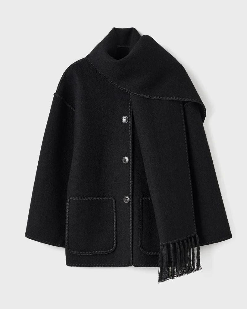 Emma & Rose Cape Town Jayzmarah stylish black jacket displayed on a hanger. Modern, sleek design perfect for casual wear.