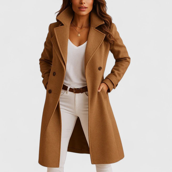 Black Rheya™ elegant coat by Emma & Rose Cape Town, showcasing a tailored fit with a sleek collar and stylish design.