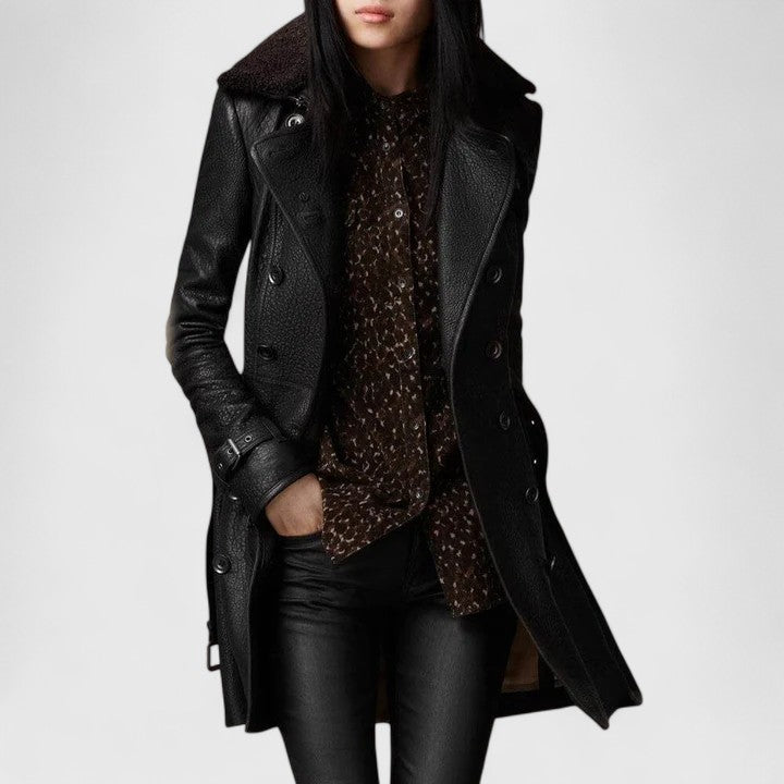 Black Sarvynah™ elegant coat by Emma & Rose Cape Town, shown on a model, featuring tailored fit and stylish design.
