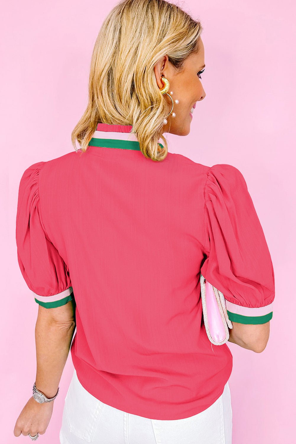 Bright Green Puff Sleeve Pop of Color Neckline Blouse