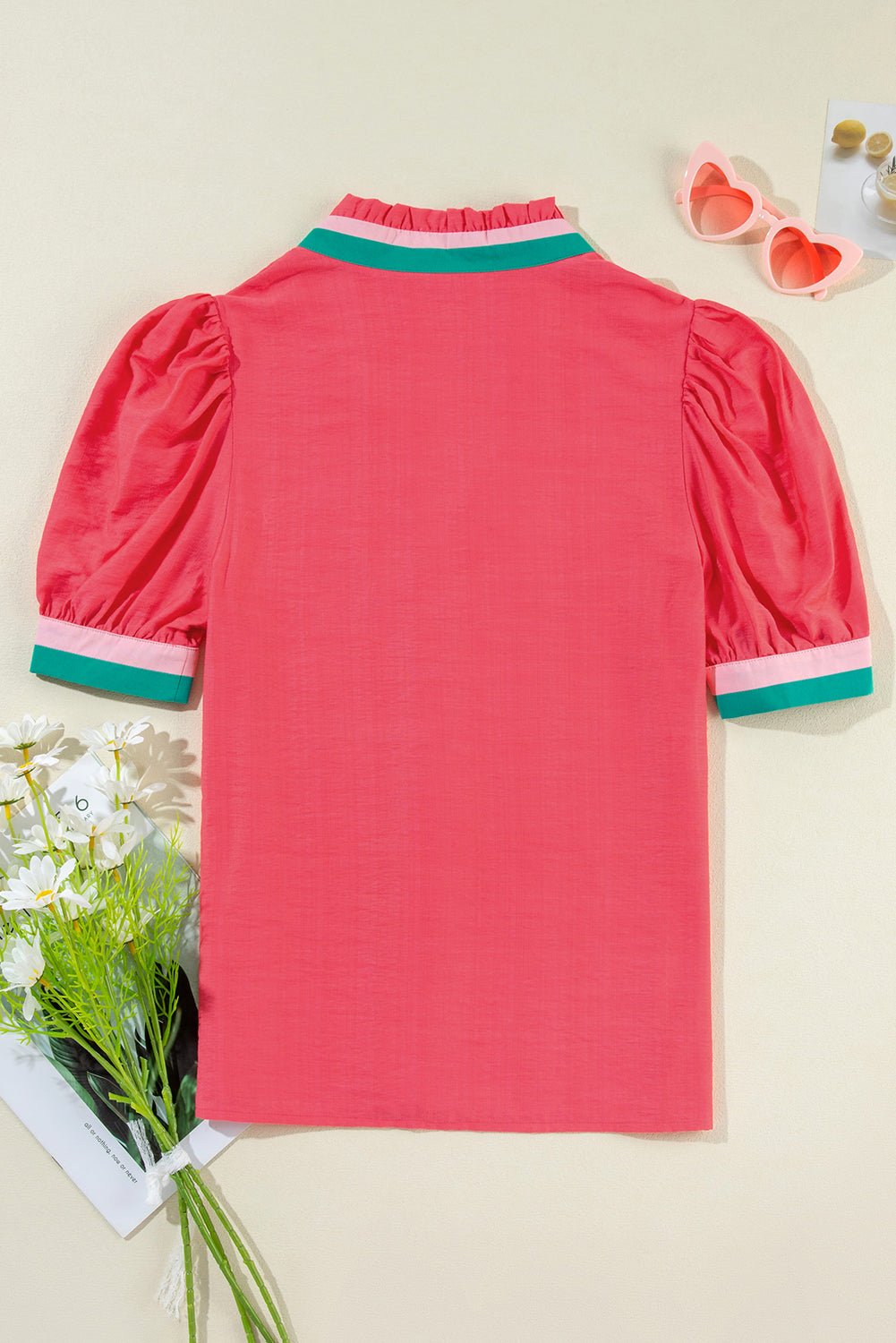 Bright Green Puff Sleeve Pop of Color Neckline Blouse