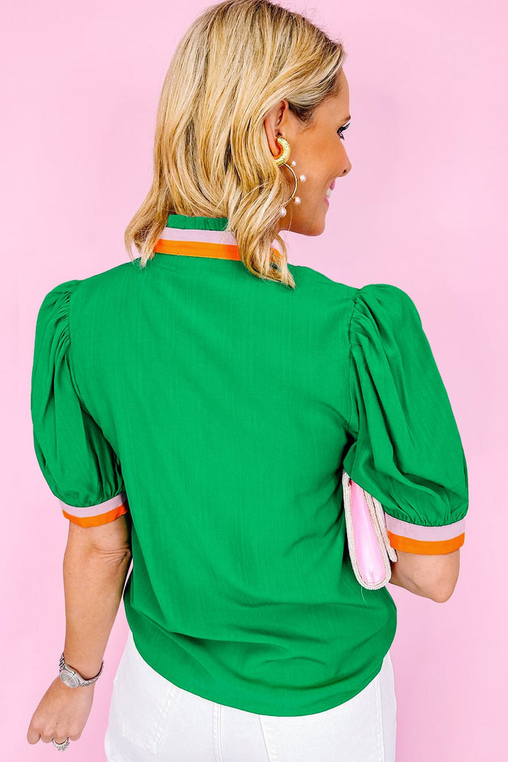 Bright Green Puff Sleeve Pop of Color Neckline Blouse