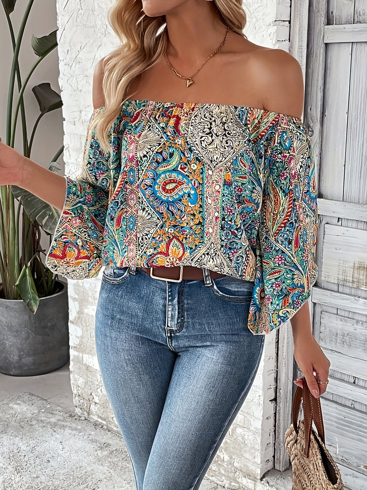 Emma & Rose Cape Town Sara™ Axelless Bohemian blouse with polychrome pattern, lightweight and relaxed fit for casual wear.