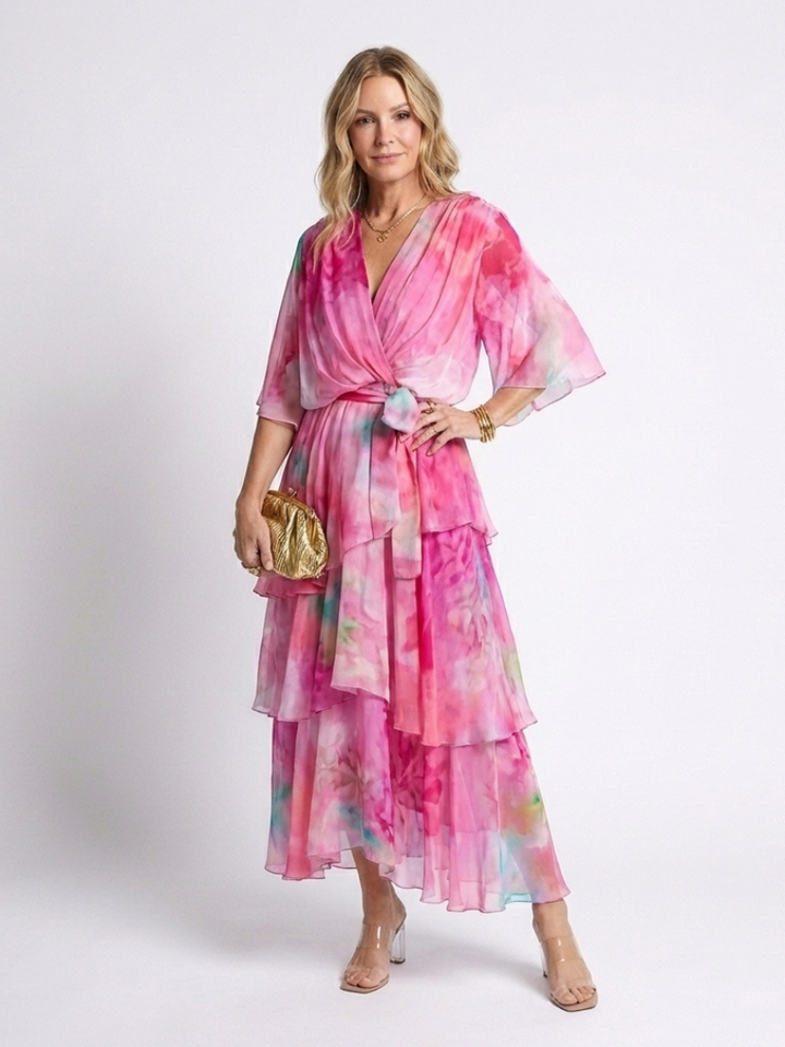 Emma & Rose Cape Town Calista Sheer Layered V Dress in blue, showcasing lightweight, flowing fabric with layered design.