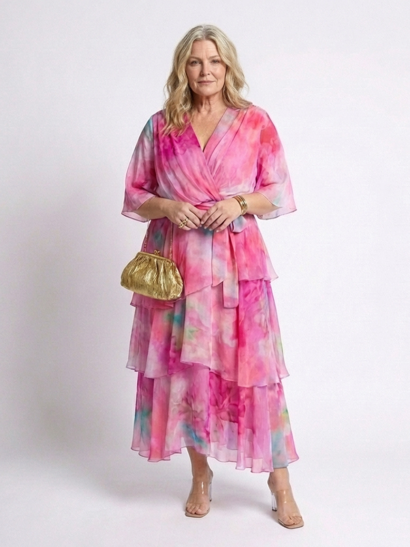 Emma & Rose Cape Town Calista Sheer Layered V Dress in blue, featuring lightweight, flowing fabric and layered design.