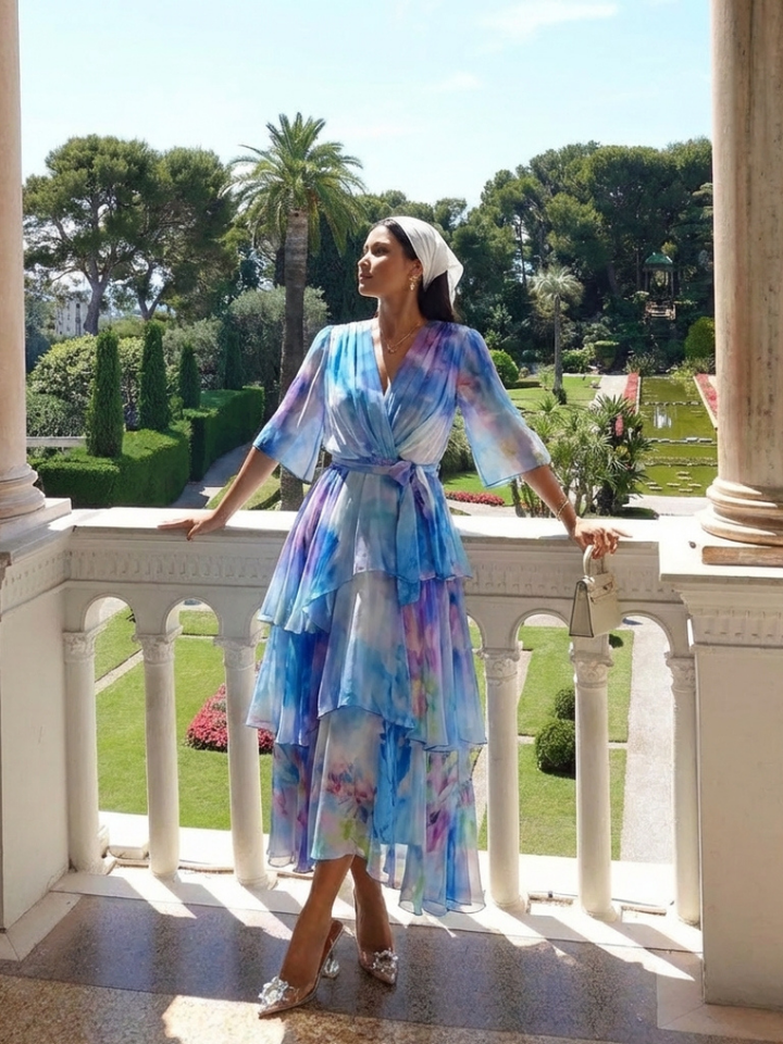 Emma & Rose Cape Town Calista Sheer Layered V Dress in blue, featuring a flowy, layered design with a V neckline.