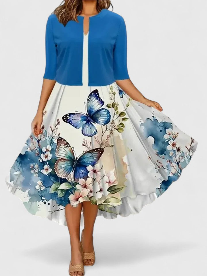 Blue Emma & Rose Cape Town Chantal™ elegant midi dress with a fitted bodice and flowing skirt, perfect for formal occasions.