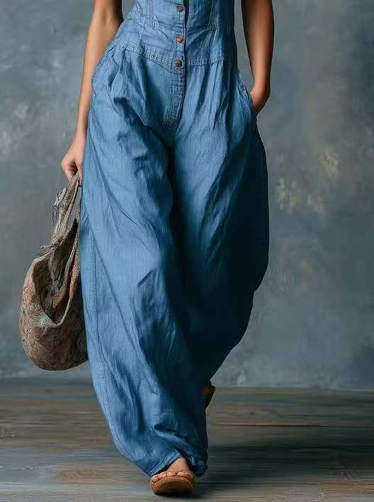 Emma & Rose Cape Town Daisy denim effect jumpsuit in blue, featuring a stylish, casual design with adjustable straps and pockets.