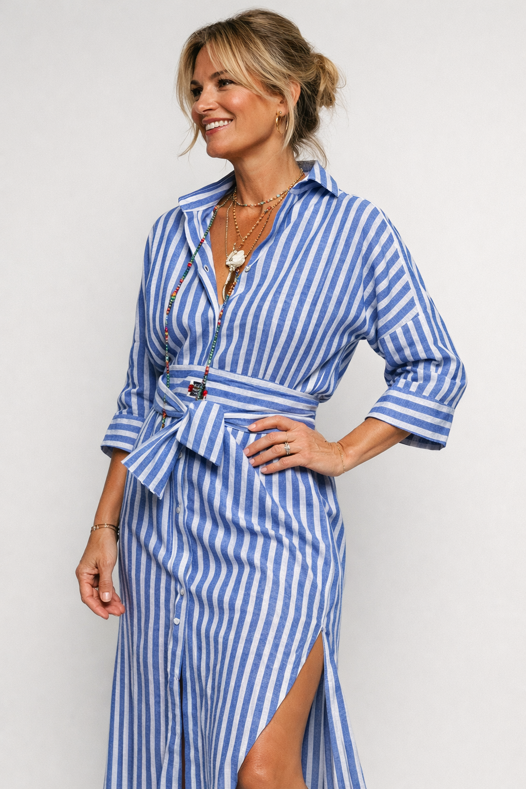 Emma & Rose Cape Town VIVIENNE Sophie striped dress with tie waist, featuring blue and white pattern and elegant design.
