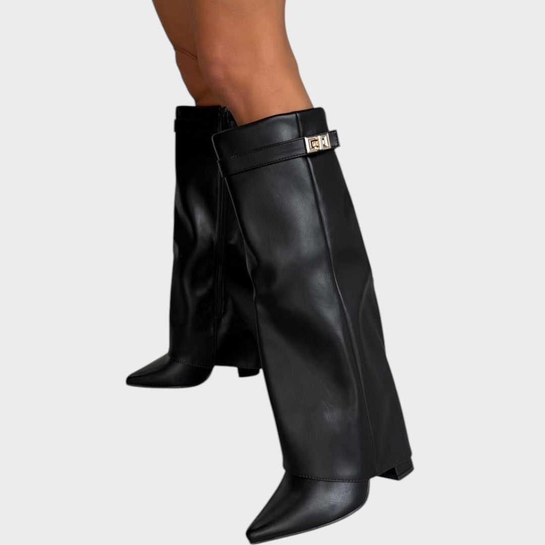 Black Luna™ high PU leather boots by Emma & Rose Cape Town, knee-high style with sleek design and sturdy heel.