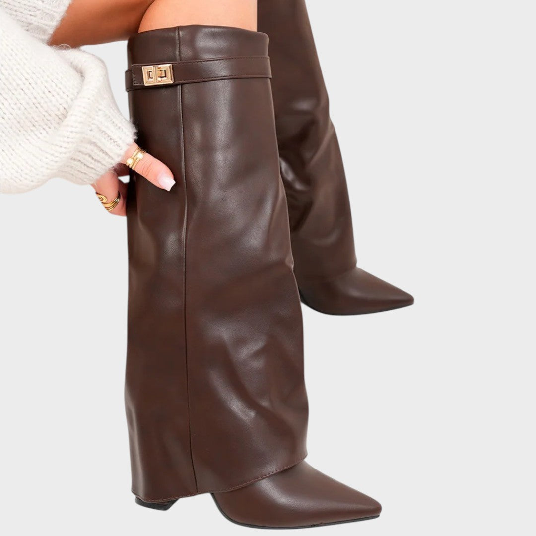 Black Luna™ high PU leather boots by Emma & Rose Cape Town, stylish knee-high boots with sleek design and sturdy heel.