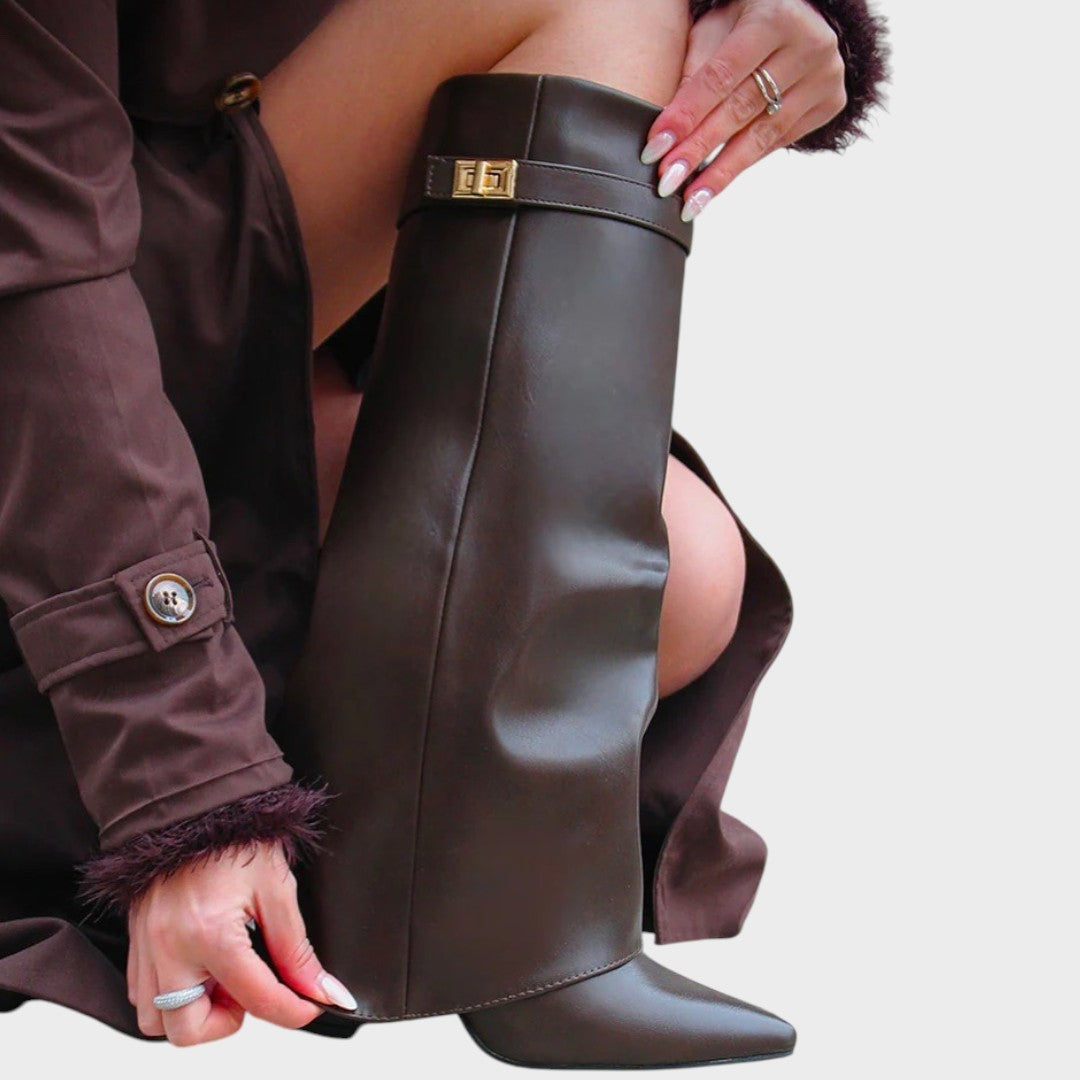 Black Luna high PU leather boots by Emma & Rose Cape Town, stylish knee-high bota with sleek design and pointed toe.