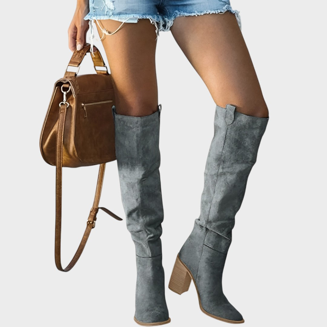 Diane™ high velvety boots by Emma & Rose Cape Town featuring a sleek ankle-length design and soft, plush texture.