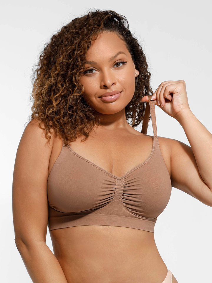 Pink Amy seamless shaping bra by Emma & Rose Cape Town, shown on a model, featuring smooth fabric and supportive design.