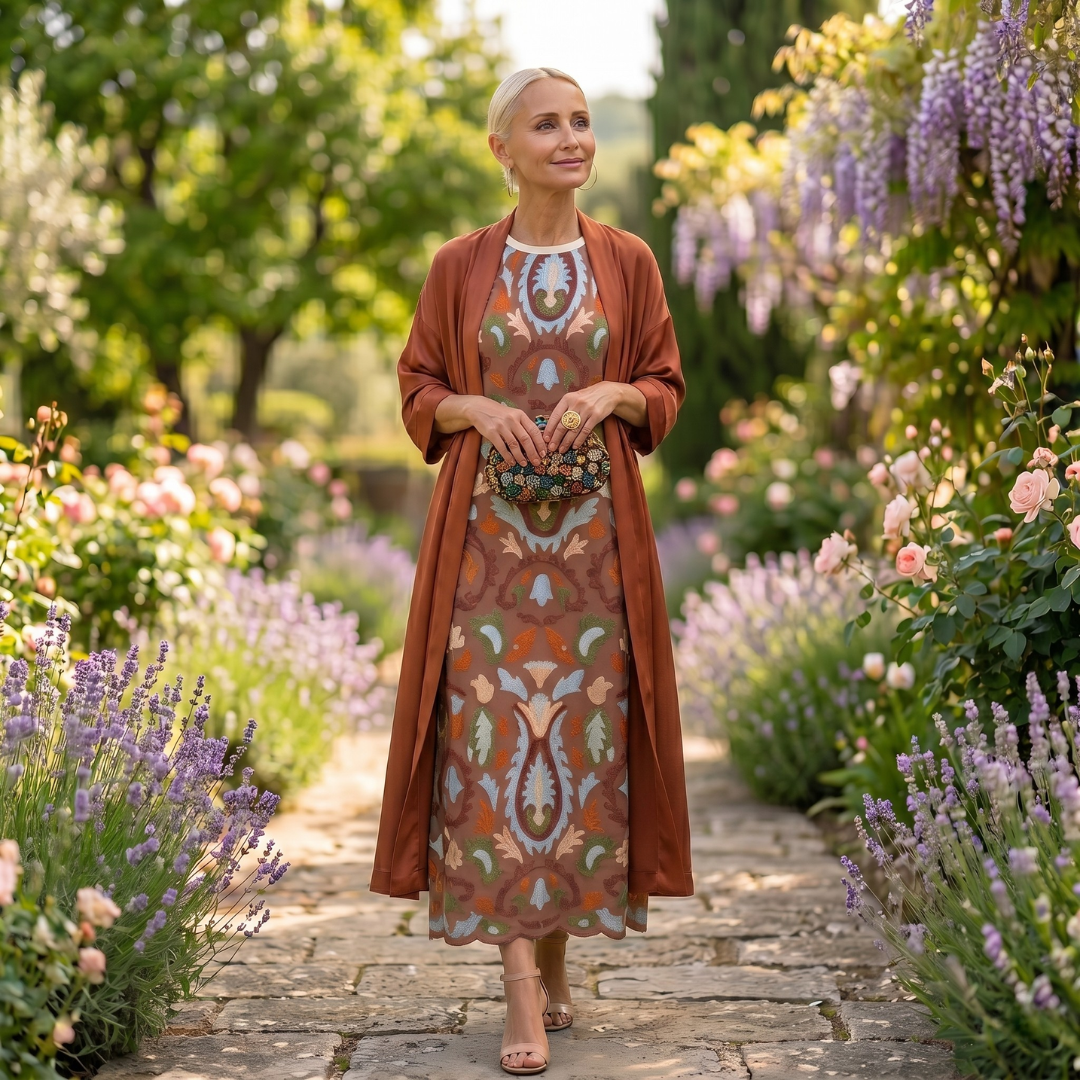 Daniela™ printed long dress waistcoat by Emma & Rose Cape Town, featuring a stylish, flowing design with vibrant patterns.