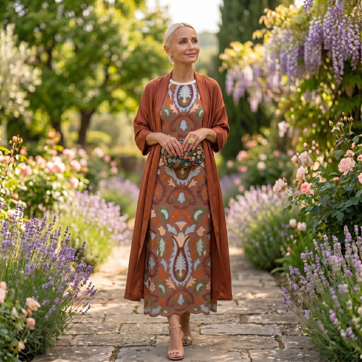 Daniela™ printed long dress waistcoat by Emma & Rose Cape Town, featuring a stylish, flowing design with vibrant patterns.