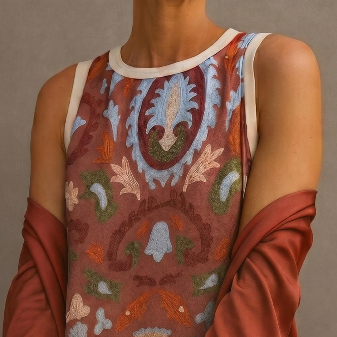 Daniela™ printed long dress waistcoat by Emma & Rose Cape Town featuring floral pattern and tailored fit on model.