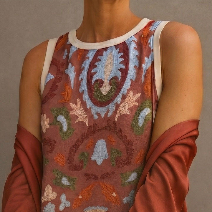 Daniela™ printed long dress waistcoat by Emma & Rose Cape Town featuring floral pattern and tailored fit on model.