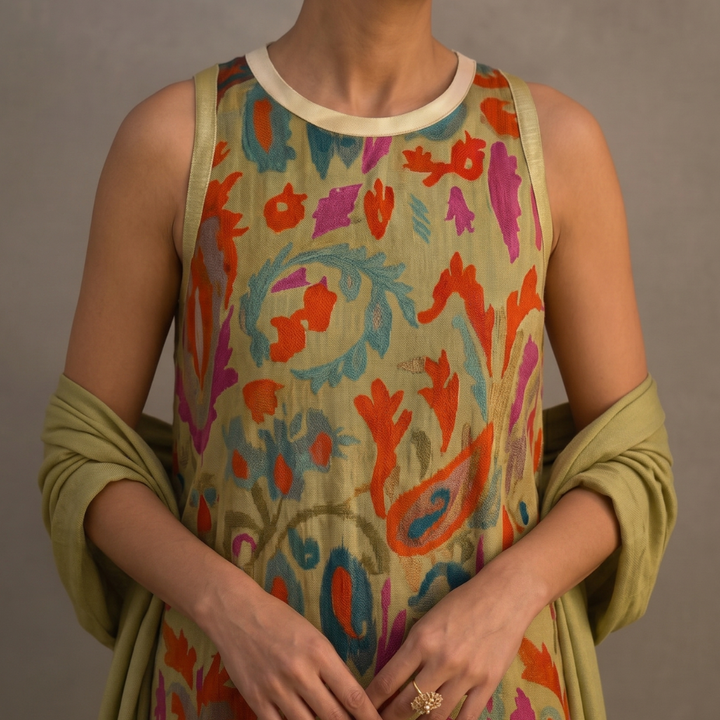 Daniela™ printed long dress waistcoat by Emma & Rose Cape Town, featuring vibrant floral patterns and a flowing silhouette.