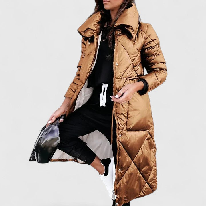Priscilla™ elegant brown coat by Emma & Rose Cape Town, stylish women's outerwear with tailored fit and sophisticated design.