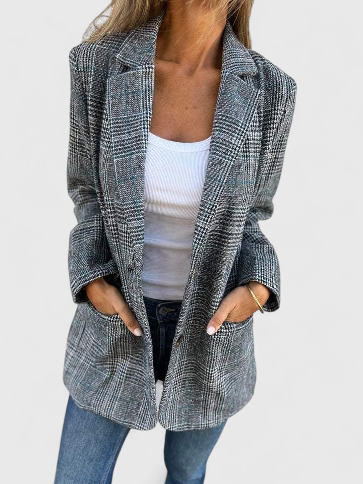 Emma & Rose Cape Town Soralyetta™ comfortable brown blazer, tailored fit with lapels, shown on a model.