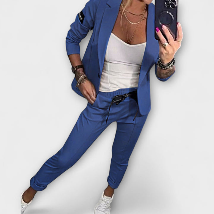 Emma & Rose Cape Town Vionne™ brown set top, jacket, and trousers, stylish women's matching clothing ensemble.