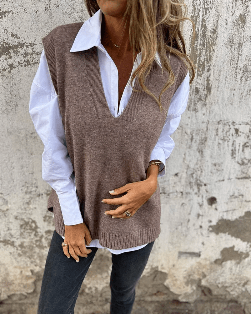 Brown Vyn™ Elegant Vest by Emma & Rose Cape Town, featuring a stylish, tailored design with a smooth fabric finish.