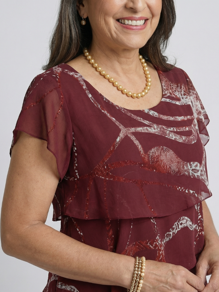 Emma & Rose Cape Town Burgundy Alani abstract knee-length dress with a stylish, modern design and elegant fit.