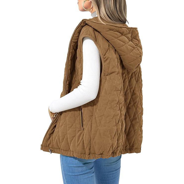 Emma & Rose Cape Town Liam™ sleeveless hooded winter coat in camel color, featuring a stylish sleeveless design and hood.