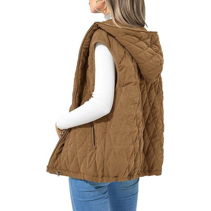 Emma & Rose Cape Town Liam™ sleeveless hooded winter coat in camel color, featuring a stylish sleeveless design and hood.