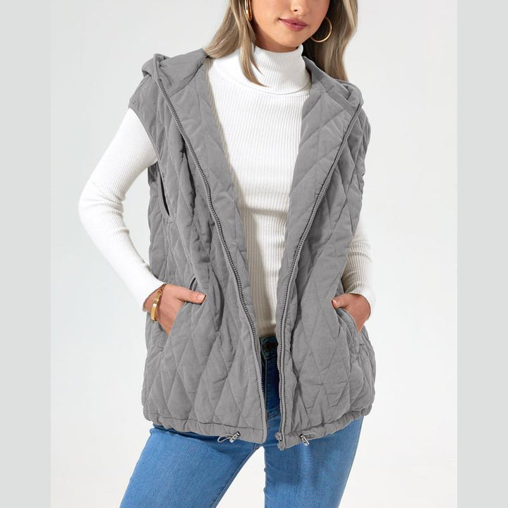 Emma & Rose Liam sleeveless hooded winter coat in camel, showcasing warm, stylish outerwear with a hood and sleeveless design.