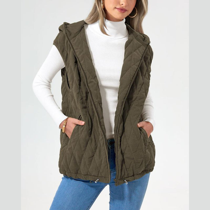 Emma & Rose Cape Town Liam sleeveless hooded winter coat in camel, stylish winter outerwear with a cozy hood and sleeveless design.