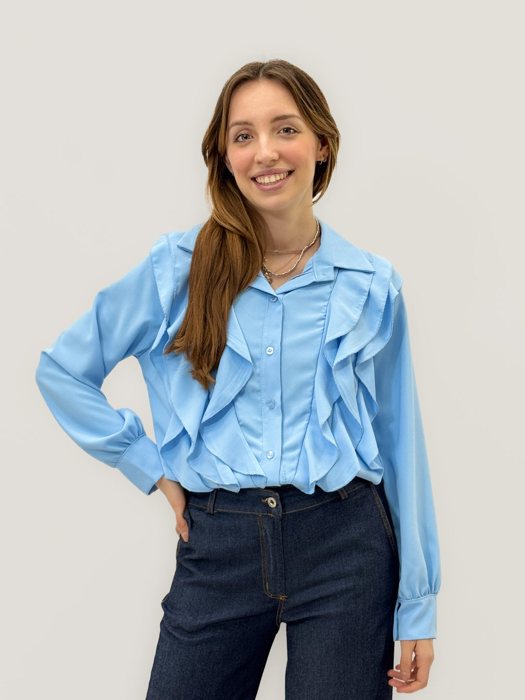 Beige Vera™ Emma & Rose Cape Town shirt with front ruffles, lightweight camicie style perfect for casual or dressy looks.