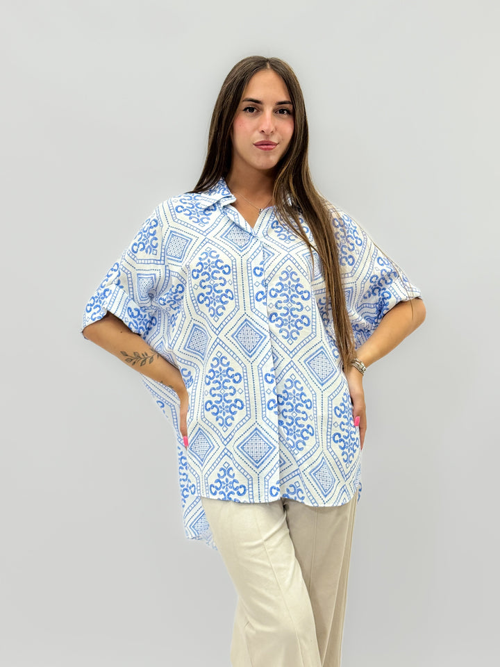 Blue Esmé™ oversized shirt pattern by Emma & Rose Cape Town, featuring a relaxed fit and stylish design.