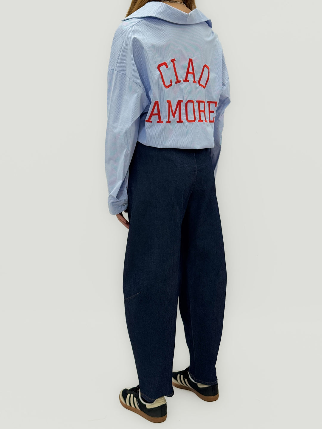 Wilma™ oversized striped shirt by Emma & Rose Cape Town featuring embroidery and relaxed fit, shown in the product image.