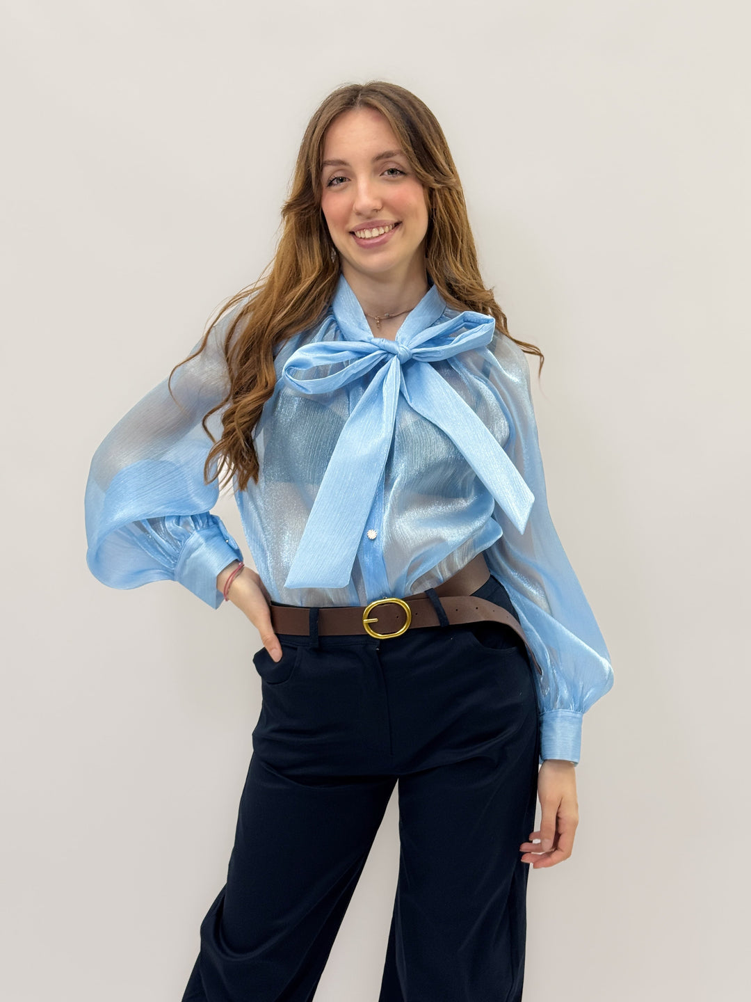 Light blue Luminous™ maxi bow shirt by Emma & Rose Cape Town, featuring a stylish design and a flowing silhouette.