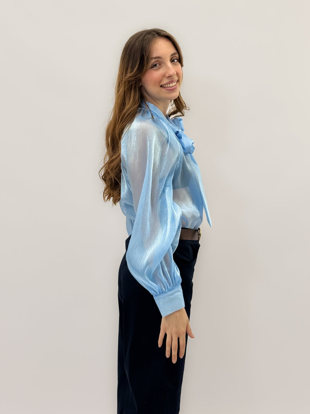 Light blue Luminous™ maxi shirt with bow detail by Emma & Rose Cape Town, featuring a relaxed fit and elegant design.