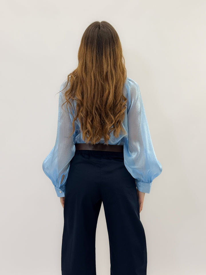 Light blue Luminous™ maxi bow shirt by Emma & Rose Cape Town, featuring a stylish design and elegant collar detail.