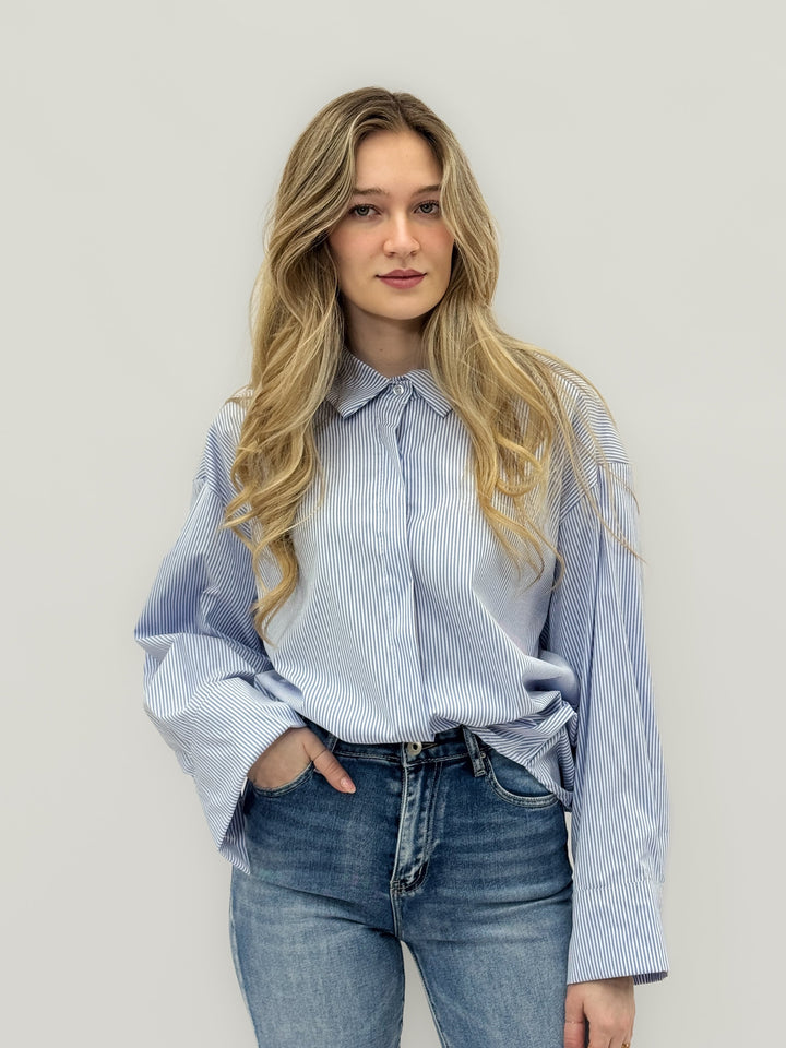 Women's oversized pink striped camicie shirt by Emma & Rose Cape Town, casual fit with bold stripe pattern and relaxed style.