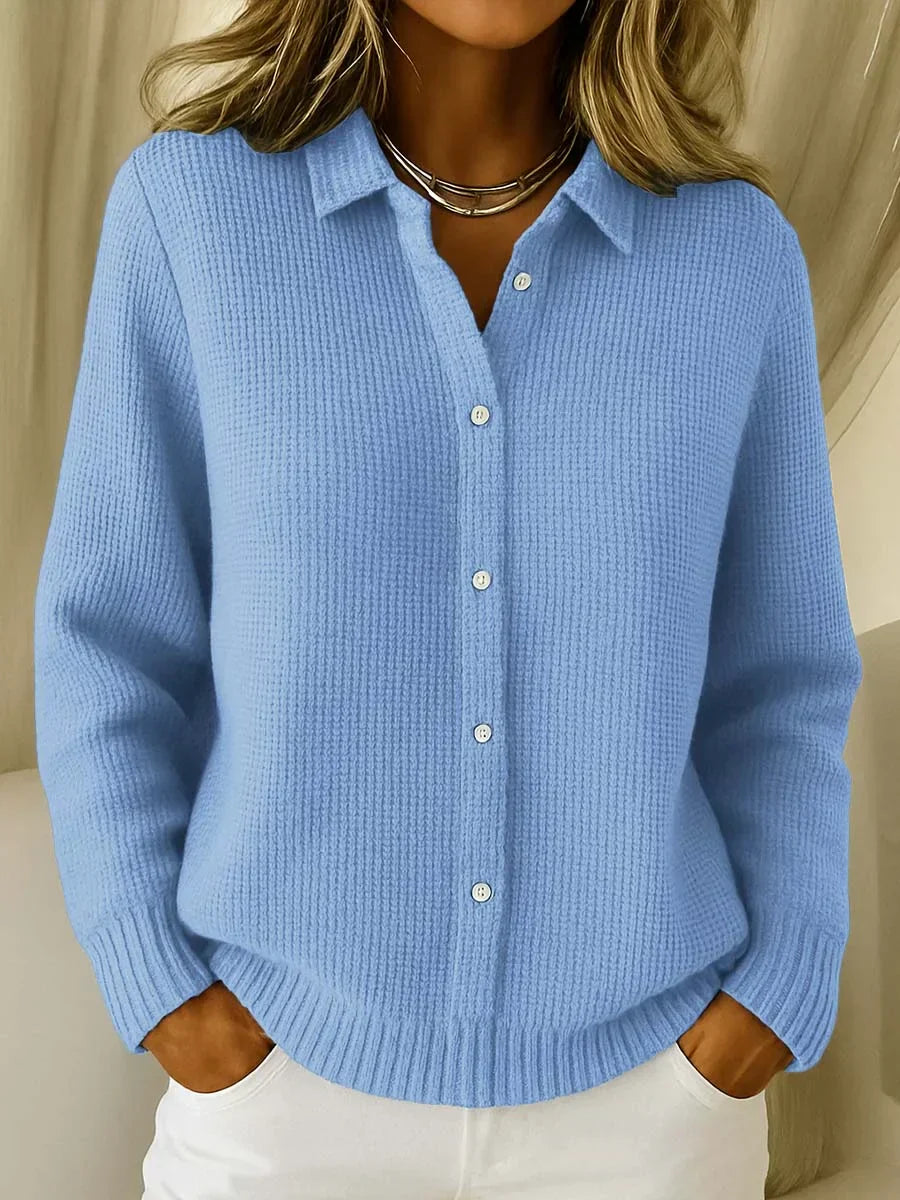 Blue Maeve™ Classic Button Knit Cardigan by Emma & Rose Cape Town, featuring a cozy knit fabric and button front.