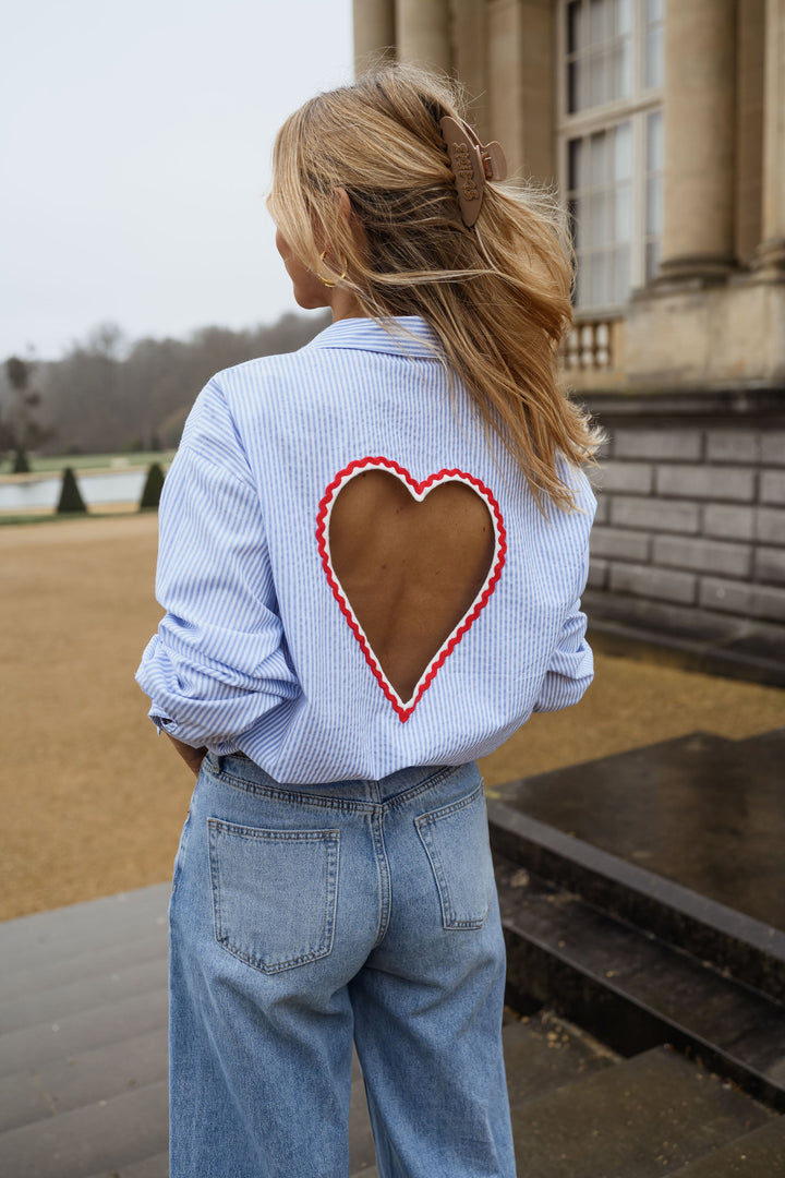 Emma & Rose Cape Town Sela™ striped chemise with heart cutout design, featuring a stylish and comfortable shirt for casual wear.