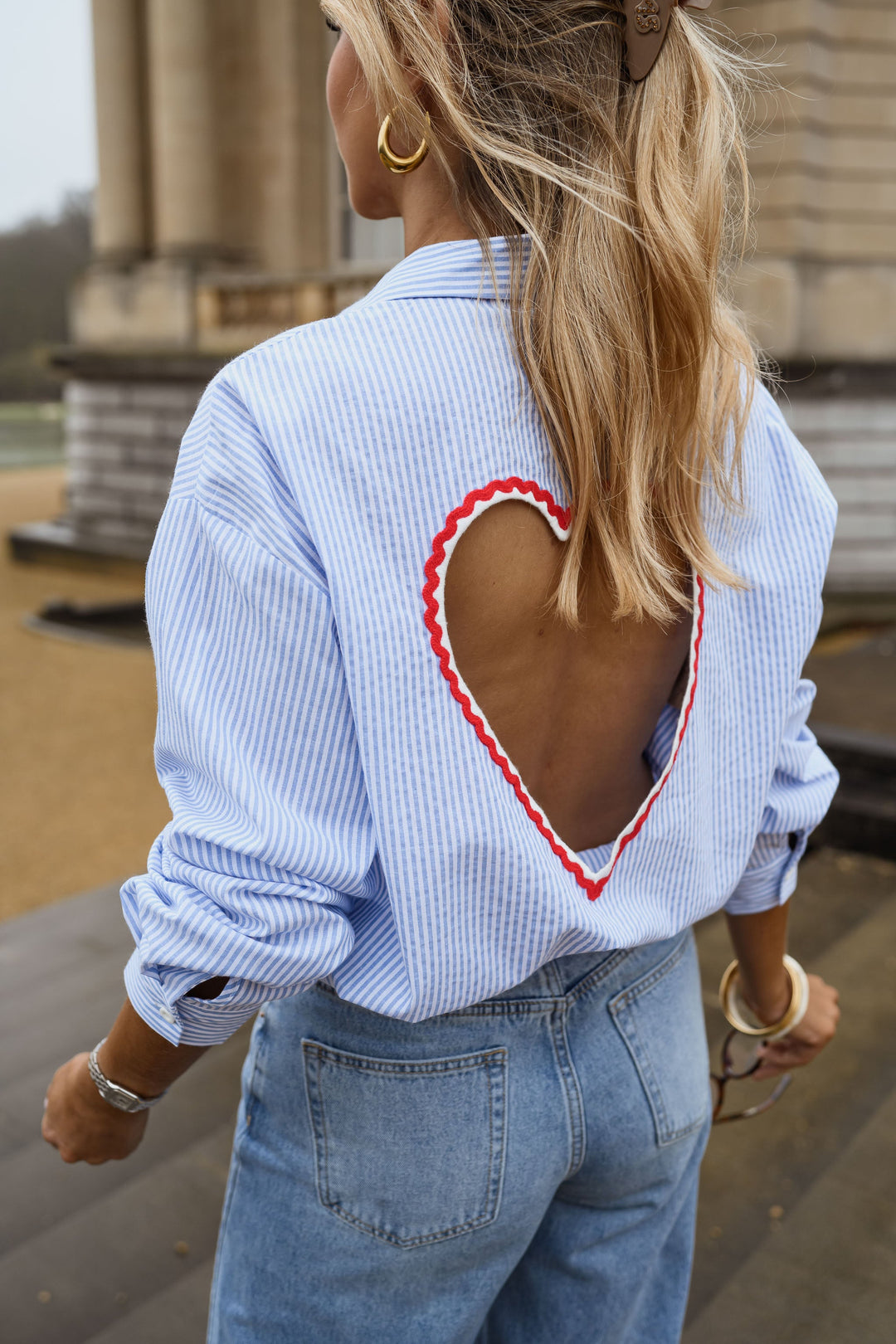 Emma & Rose Cape Town Sela™ heart cutout stripe shirt, stylish chemise with cutout details and bold stripe pattern.