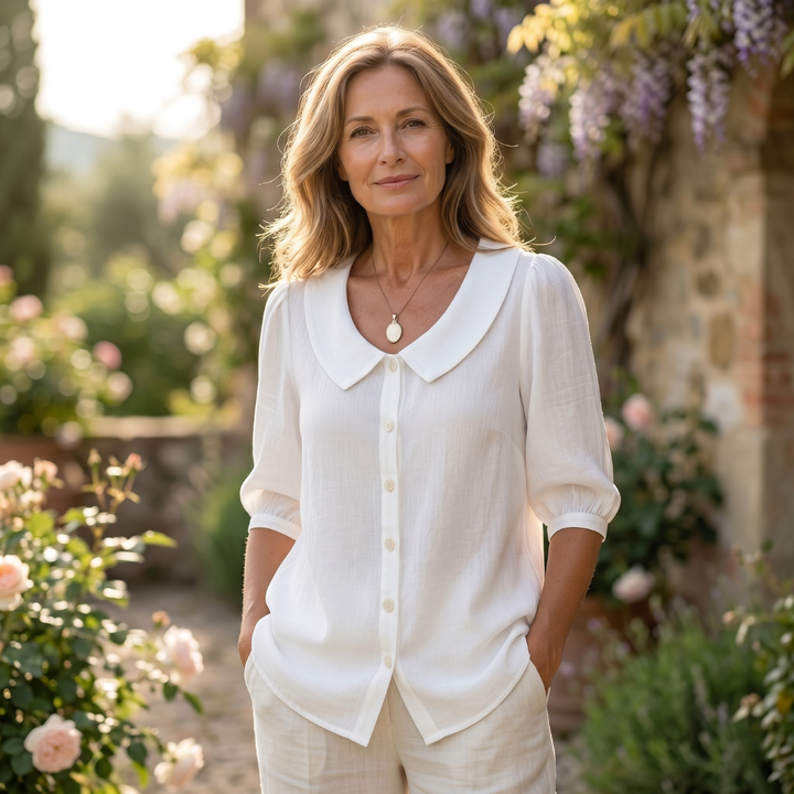 Elegant lightweight cotton collared chemisier from Emma & Rose Cape Town featuring the Alessia™ design with a sophisticated collar detail.
